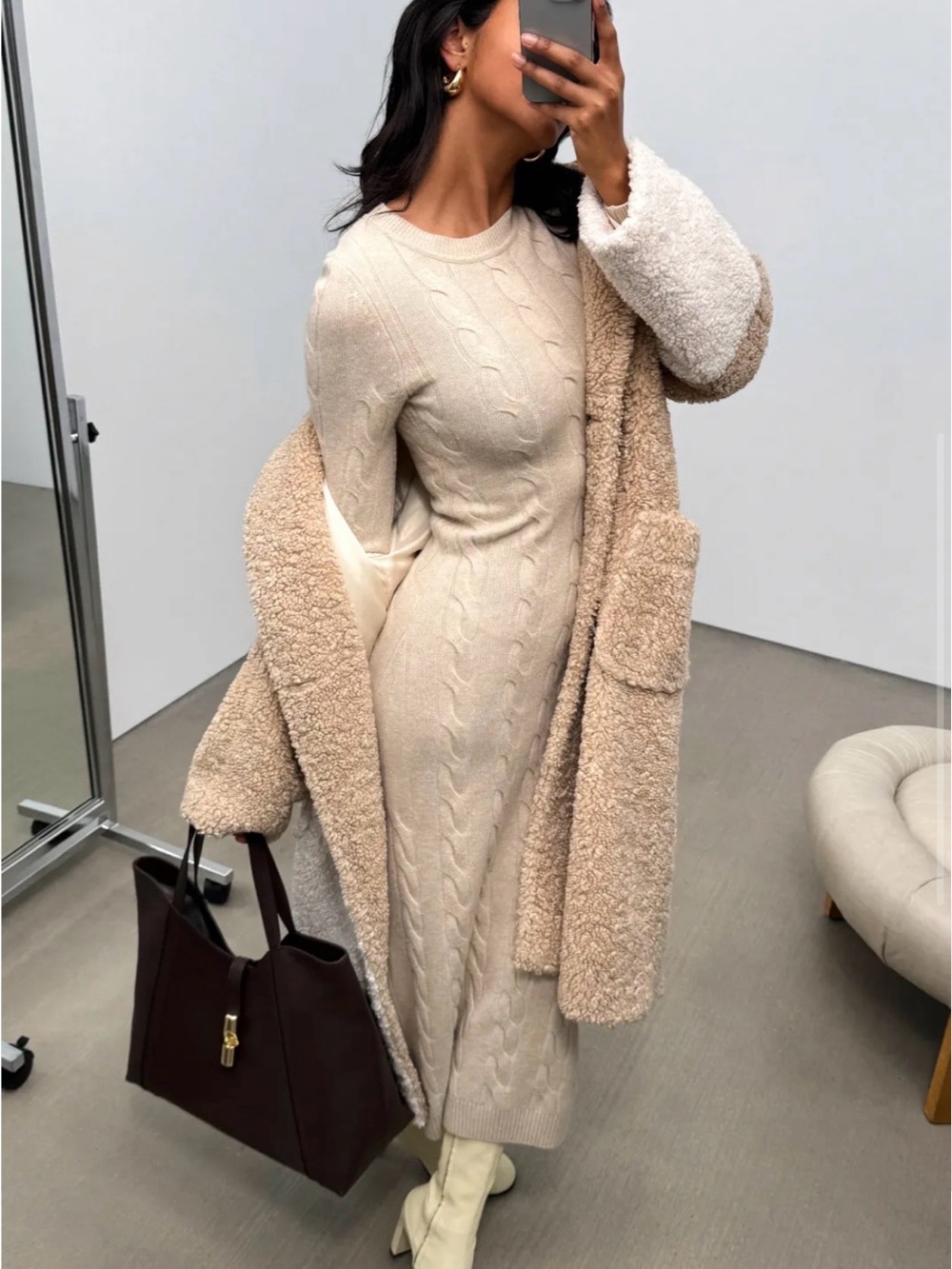 Sandro Cream Cable Knit Maxi Dress with Beige Teddy Coat